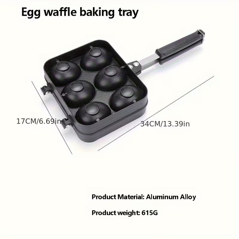 A Double-sided Aluminum Egg Waffle Pan with 6 Holes for Making Lava-core Egg Waffles and Snacks