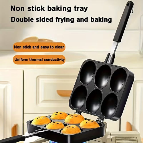 A Double-sided Aluminum Egg Waffle Pan with 6 Holes for Making Lava-core Egg Waffles and Snacks