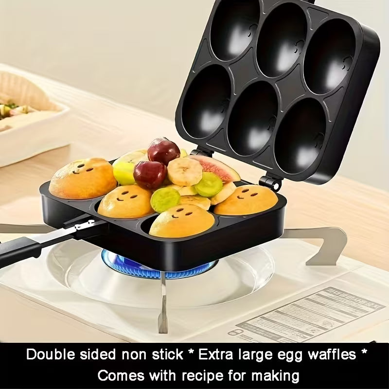 A Double-sided Aluminum Egg Waffle Pan with 6 Holes for Making Lava-core Egg Waffles and Snacks