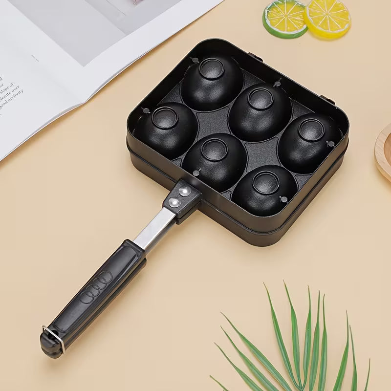 A Double-sided Aluminum Egg Waffle Pan with 6 Holes for Making Lava-core Egg Waffles and Snacks